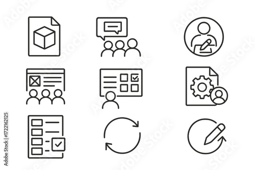 Crowd-Sourced Design Icons. Line style icons of crowd-powered prototyping: 3D mockup file, prototype comment icon, user sketch