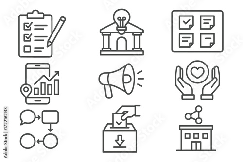 Citizen Innovation Icons. Line style icons of citizen innovation: public survey icon, town hall idea badge, civic challenge board,