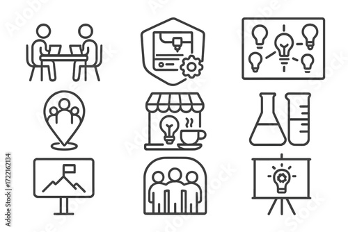 Innovation Hub Icons. Line style icons of community innovation hubs: coworking space icon, makerspace badge, idea wall symbol,