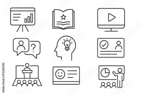 Innovation Pitch Icons. Line style icons of innovation storytelling and pitch: pitch deck icon, storytelling icon, slide