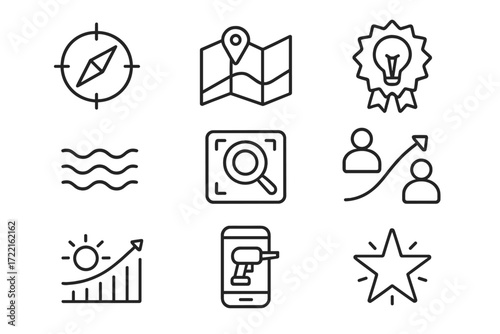 Market Creation Icons. Line style icons of new market creation: innovation compass icon, market discovery map, breakthrough