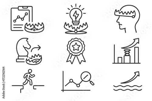 Line Style Traps. Line style icons of Blue Ocean traps: benchmarking trap, tech innovation trap, customer orientation trap,