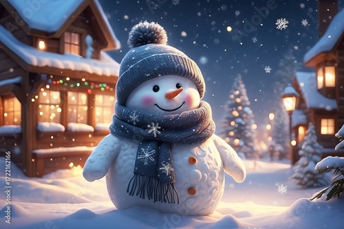 Smiling snowman with scarf and hat in snowy Christmas village
