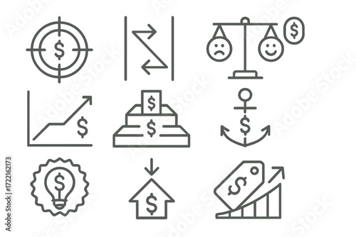 Strategic Pricing Icons. Line style icons of strategic pricing tools: target cost icon, pricing corridor symbol, buyer perception