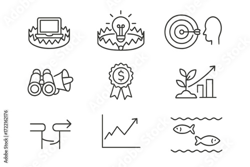 Line Style Traps. Line style icons of Blue Ocean traps: benchmarking trap, tech innovation trap, customer orientation trap,