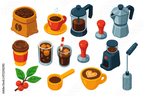 Isometric Coffee Icons. Isometric vector illustration set Coffee culture: roasted beans sack, steaming espresso cup, French press,