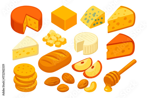 Cheese Platter Icons. Isometric vector illustration set Cheese platter: cheese wheel wedge, cheddar block, blue cheese crumble,