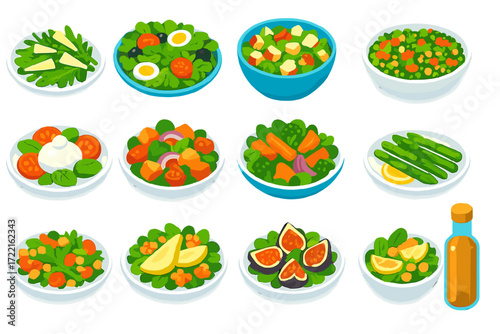 Gourmet Salad Selection. Isometric vector illustration set Gourmet salads: arugula with parmesan, nicoise salad plate, Waldorf