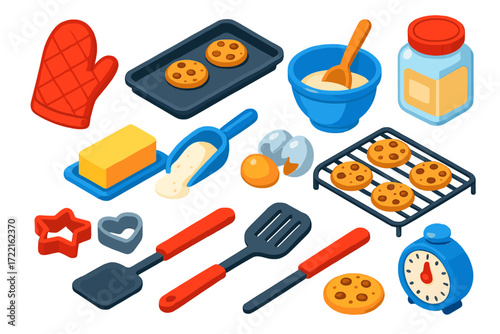 Vibrant Baking Essentials. Isometric vector illustration set Cookie baking: oven mitt, baking tray with chocolate chip cookies,