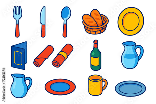 Vibrant Restaurant Icons. Isometric vector illustration set Restaurant service: fork utensil, steak knife, round spoon, dinner