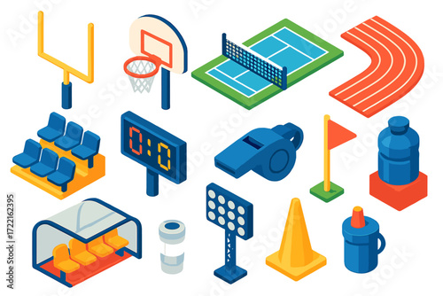 Stadium Elements Icons. Isometric vector illustration set Stadium elements: football goalpost, basketball hoop, tennis court net,