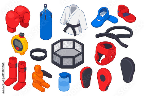 Martial Arts Equipment Icons. Isometric vector illustration set Martial arts training: boxing gloves, punching bag, karate gi,