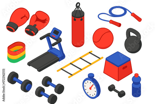 Isometric Boxing Workout Essentials. Isometric vector illustration set Boxing cardio: boxing gloves, punching bag, jump rope,