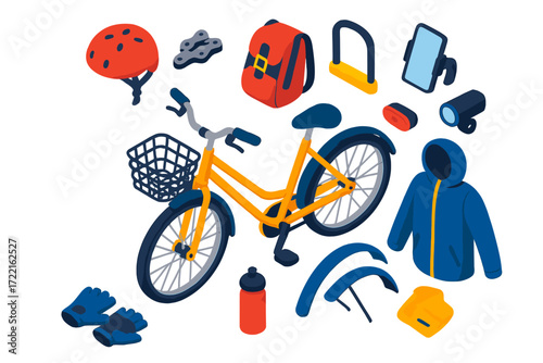 Urban Biking Essentials. Isometric vector illustration set Urban biking: city bike, helmet, bike chain, backpack, U-lock, phone