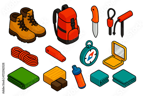 Survival Kit Essentials. Isometric vector illustration set Survival kit: hiking boots, waterproof backpack, knife, fire starter,