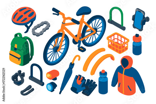 Urban Biking Essentials. Isometric vector illustration set Urban biking: city bike, helmet, bike chain, backpack, U-lock, phone