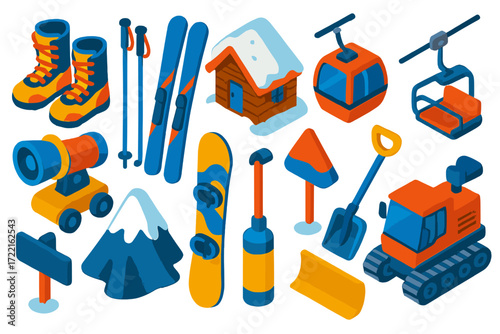 Alpine Adventure Icons. Isometric vector illustration set Alpine adventure: snowboard boots, ski poles, skis, snowboard, mountain