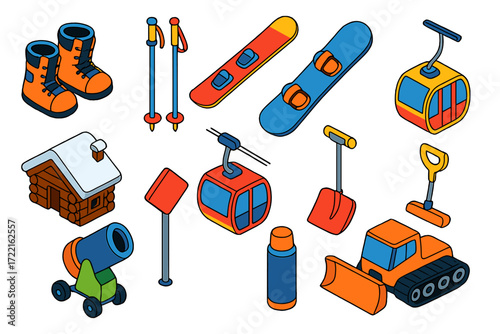 Alpine Adventure Icons. Isometric vector illustration set Alpine adventure: snowboard boots, ski poles, skis, snowboard, mountain