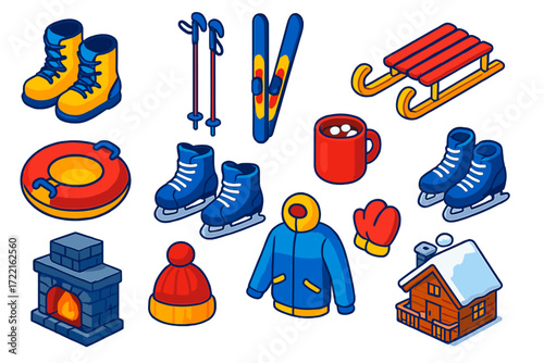 Winter Holiday Icons. Isometric vector illustration set Winter holiday fun: snowboard boots, skis, ski poles, sled, snow tube, ice