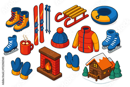 Winter Holiday Icons. Isometric vector illustration set Winter holiday fun: snowboard boots, skis, ski poles, sled, snow tube, ice
