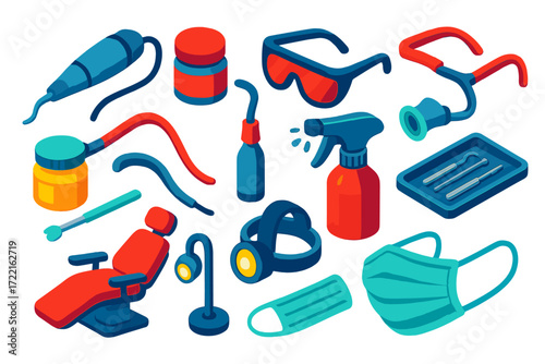 Dental Tools Isometric Illustration. Isometric vector illustration set Professional cleaning: ultrasonic scaler, polishing paste,