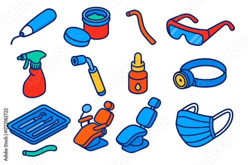 Dental Tools Isometric Illustration. Isometric vector illustration set Professional cleaning: ultrasonic scaler, polishing paste,