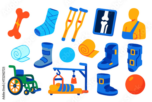 Bone Fracture Treatment Icons. Isometric vector illustration set Bone fracture treatment: broken bone model, plaster cast,