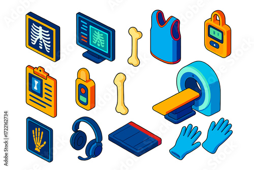 Radiology Equipment Icons. Isometric vector illustration set Radiologist equipment: X-ray viewer, computer monitor, imaging