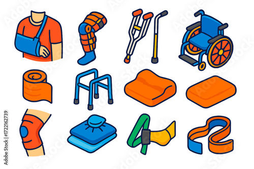 Post-Surgery Recovery Essentials. Isometric vector illustration set Post-surgery recovery: arm sling, leg brace, crutches,