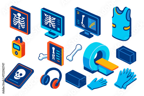 Radiology Equipment Icons. Isometric vector illustration set Radiologist equipment: X-ray viewer, computer monitor, imaging