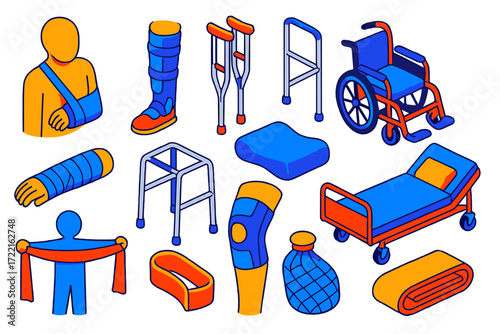 Post-Surgery Recovery Essentials. Isometric vector illustration set Post-surgery recovery: arm sling, leg brace, crutches,