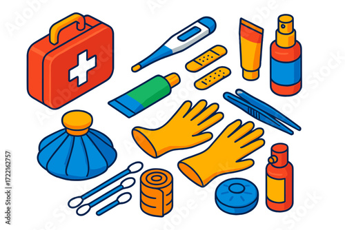 Home Safety Essentials. Isometric vector illustration set Home safety kit: red first aid box, thermometer, burn ointment,