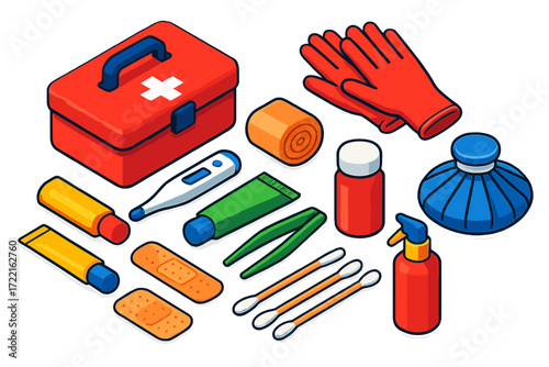 Home Safety Essentials. Isometric vector illustration set Home safety kit: red first aid box, thermometer, burn ointment,