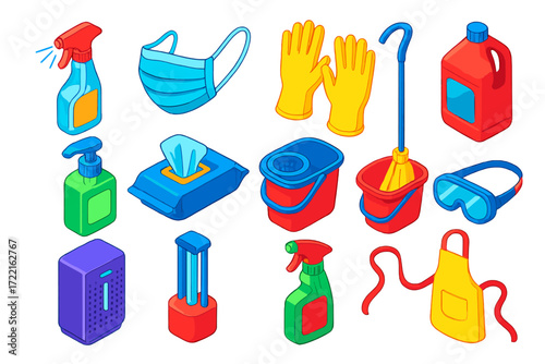 Isometric Cleaning Icons. Isometric vector illustration set Cleaning and hygiene: sanitizer spray, mask, rubber gloves,