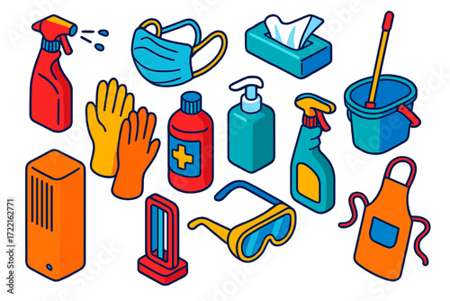 Isometric Cleaning Icons. Isometric vector illustration set Cleaning and hygiene: sanitizer spray, mask, rubber gloves,