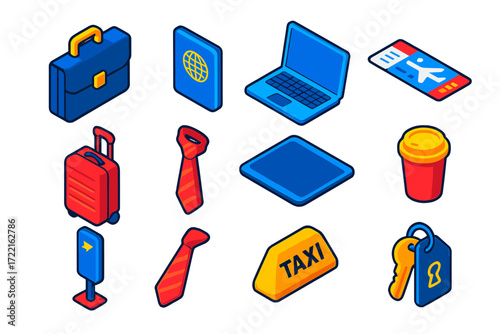 Business Travel Essentials. Isometric vector illustration set Business travel: briefcase, passport, laptop, plane ticket, trolley
