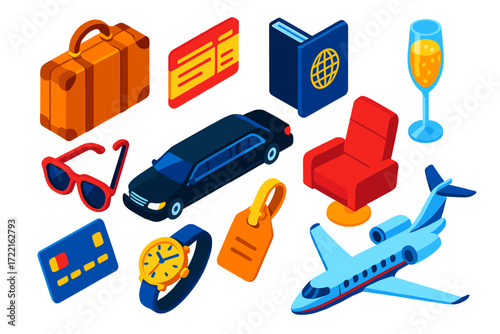 Luxury Travel Icons. Isometric vector illustration set Luxury travel: leather suitcase, first class ticket, premium passport cover