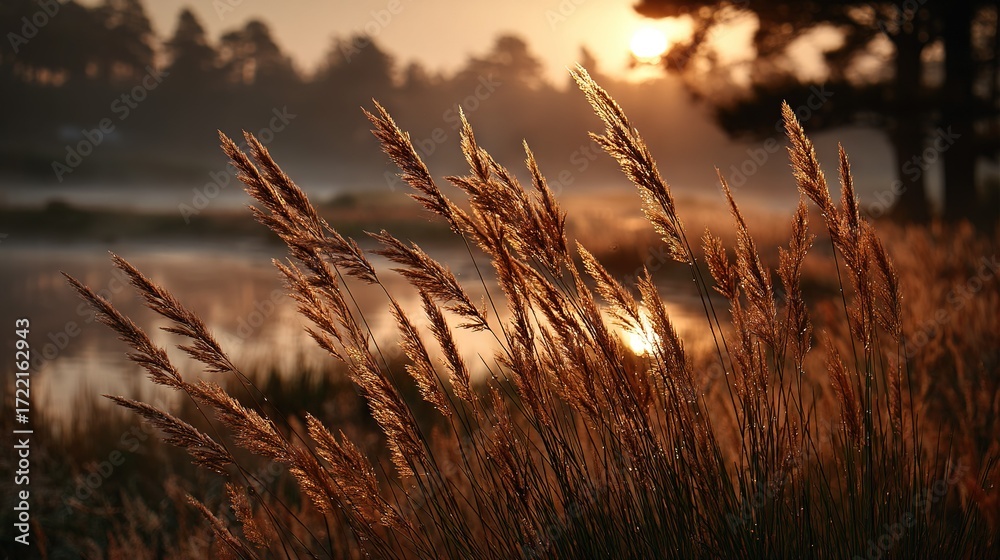 Naklejka premium The sun sets over a water body with tall grass in front and trees behind