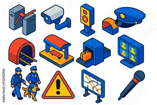 Metro Security Essentials. Isometric vector illustration set Metro security: turnstile, CCTV camera, ticket validator, police cap,