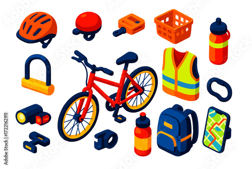 Urban Cycling Essentials. Isometric vector illustration set Urban cycling: city bicycle, helmet, bell, basket, chain lock, pedal,