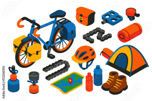 Bike Touring Essentials. Isometric vector illustration set Bike touring: touring bicycle, saddlebag, pedal, bell, chain, sleeping