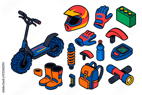 Off-Road Scooter Essentials. Isometric vector illustration set Off-road scooters: rugged scooter, big tires, helmet, gloves,