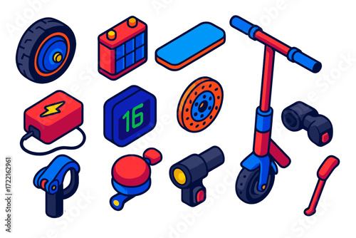 E-Scooter Components Illustration. Isometric vector illustration set E-scooter components: motor wheel, lithium battery, deck,
