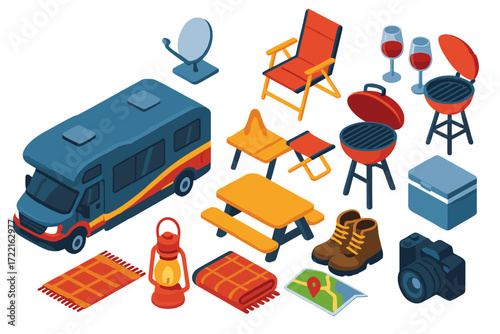Luxury RV Lifestyle. Isometric vector illustration set Luxury RV lifestyle: modern motorhome, satellite dish, folding chairs,