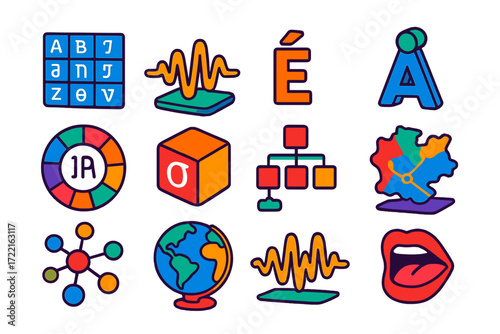 Linguistic Symbols Icons. Isometric vector illustration set Linguistics Symbols: phonetic chart, sound wave, accent mark,
