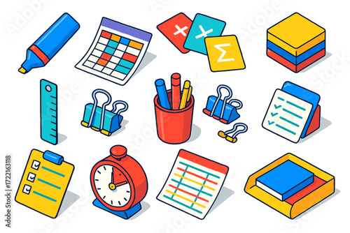 Colorful Study Tools. Isometric vector illustration set Exam revision notes: dual-tip highlighter, revision timetable sheet,