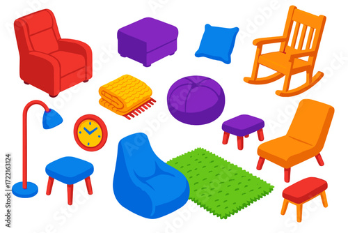 Home Relaxation Icons. Isometric vector illustration set Home Relaxation: recliner chair, ottoman, throw pillow, knit blanket,