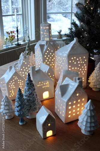 Illuminated white ceramic houses and trees create a cozy winter village scene.