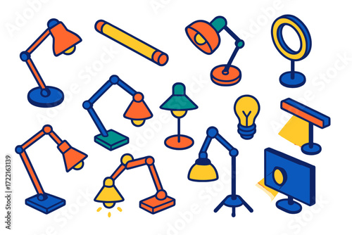 Vibrant Office Lighting Icons. Isometric vector illustration set Office Lighting: desk task lamp, fluorescent tube, clip light,