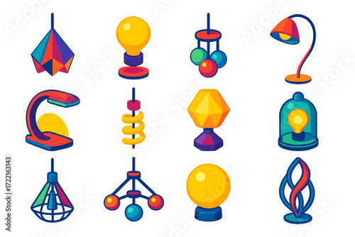 Creative Lighting Designs. Isometric vector illustration set Creative Lighting Design: origami shade lamp, floating bulb, bubble